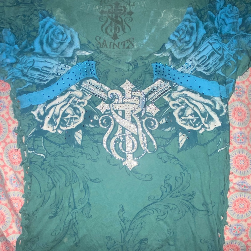 Vintage Virgins Saints & Angels Teal Graphic Tee with Embellishments